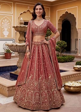 Dusty Rose Pink Fendy Organza Silk Sequins Zari Crystals Hand Embroidered Lehenga