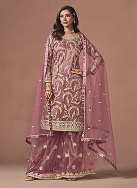 Dusty Rose Pink Net Embroidered Sequins Palazzo Suit