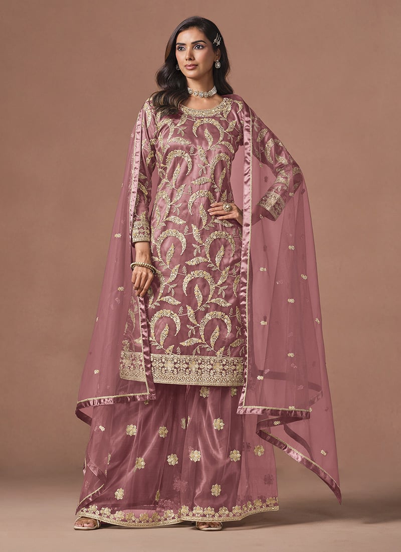 Dusty Rose Pink Net Embroidered Sequins Palazzo Suit Festive Wear