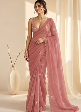 Dusty Rose Pink Organza Beads Stones Cutdana Hand Embroidered Saree
