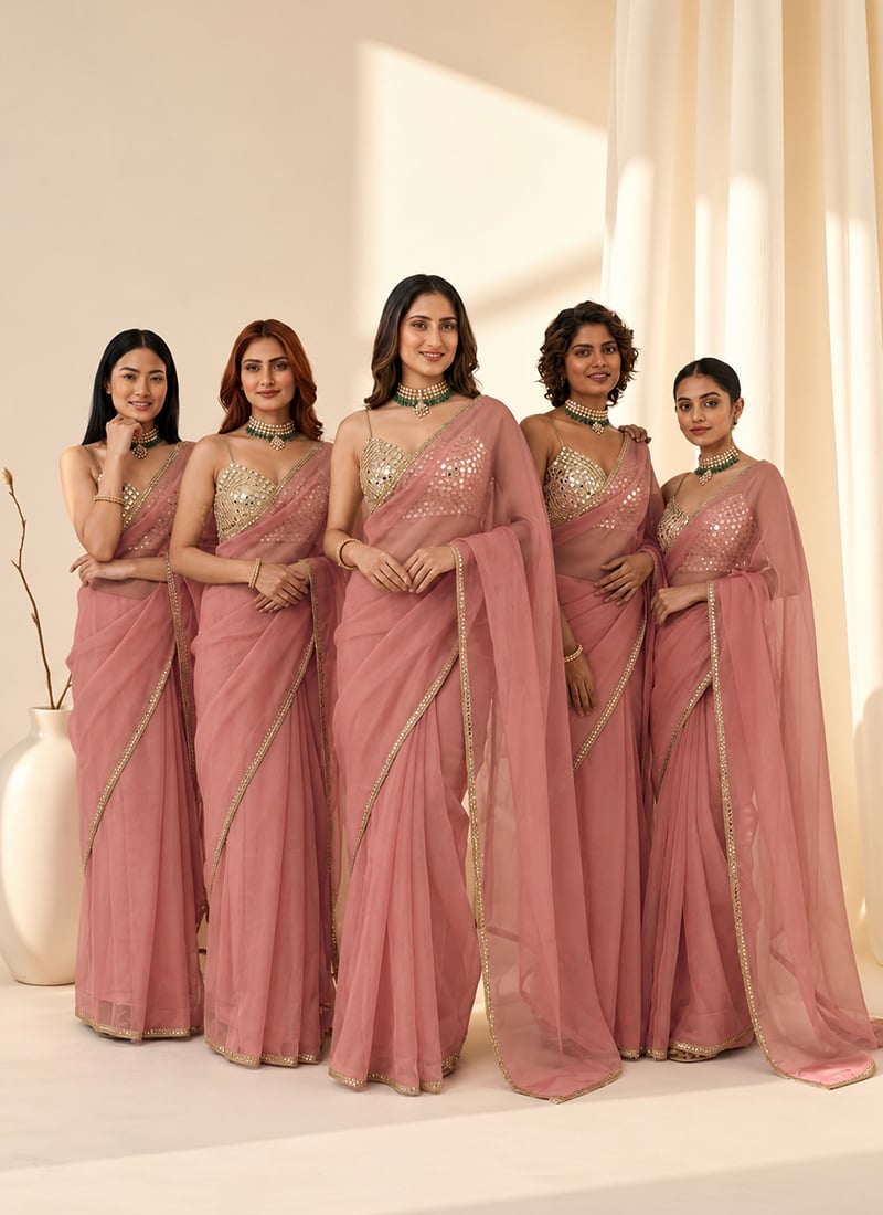 Dusty Rose Pink Organza Mirror Zari Hand Embroidered Saree Festive Wear
