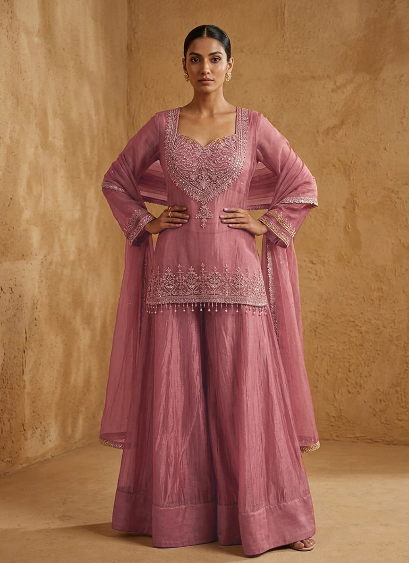 Dusty Rose Pink Silk Gold Crush Zari Sequins Embroidered Kurta Palazzo Set Festive Wear