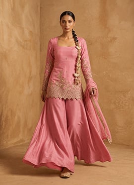 Dusty Rose Pink Silk Hand Embroidered Zari Sequins Palazzo Suit