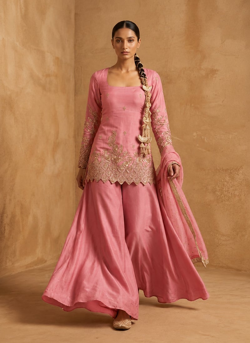 Dusty Rose Pink Silk Hand Embroidered Zari Sequins Palazzo Suit Festive Wear