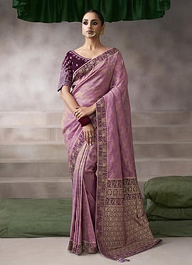 Dusty Rose Pink Silk Zari Embroidered Sequins Jacquard Saree