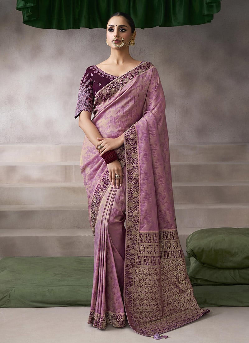 Dusty Rose Pink Silk Zari Embroidered Sequins Jacquard Saree Festive Wear