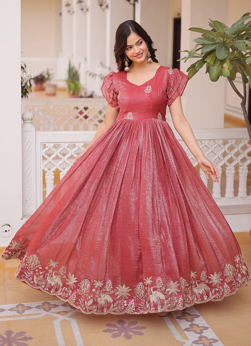 Dusty Rose Red Crush Organza Zari Embroidered Sequins Gown After Six Wear