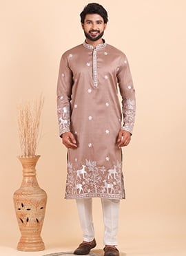 Dusty Rose Viscose Silk Embroidered Kurta Pyjama For Men