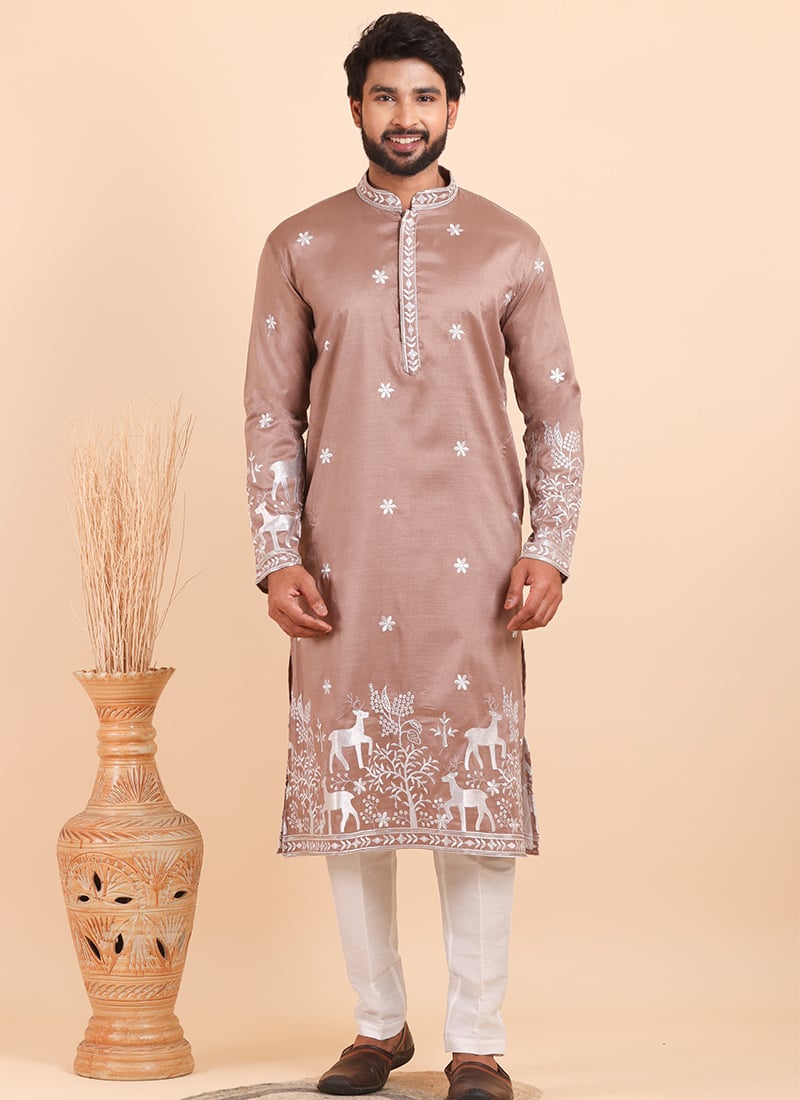 Dusty Rose Viscose Silk Embroidered Kurta Pyjama For Men Festive Wear