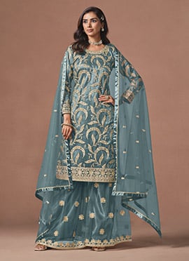 Dusty Teal Blue Rose Pink Net embroidered Sequins Palazzo Suit