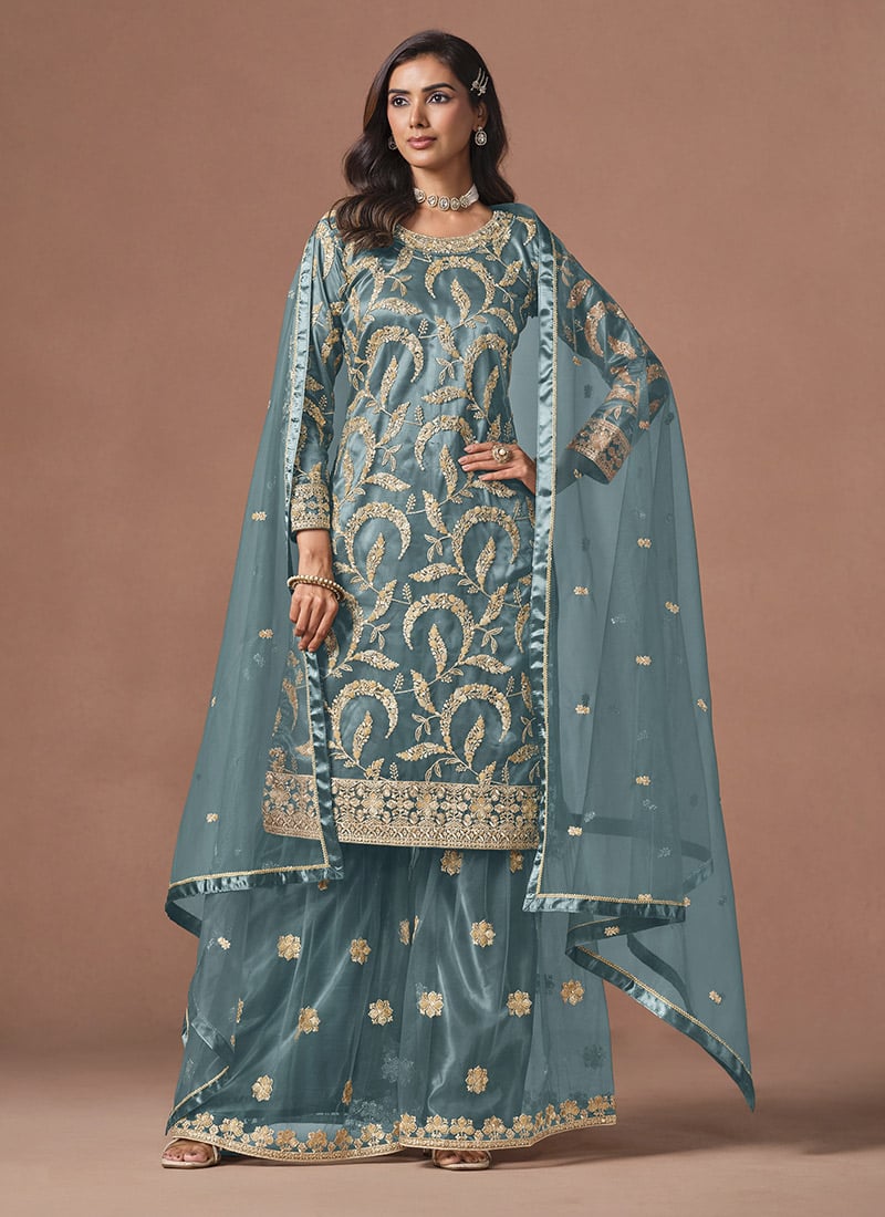 Dusty Teal Blue Rose Pink Net embroidered Sequins Palazzo Suit Festive Wear