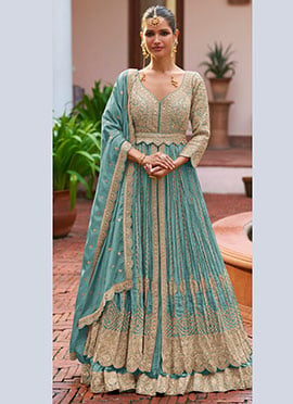 Dusty Teal Zari Embroidered Chinon Silk Anarkali Suit