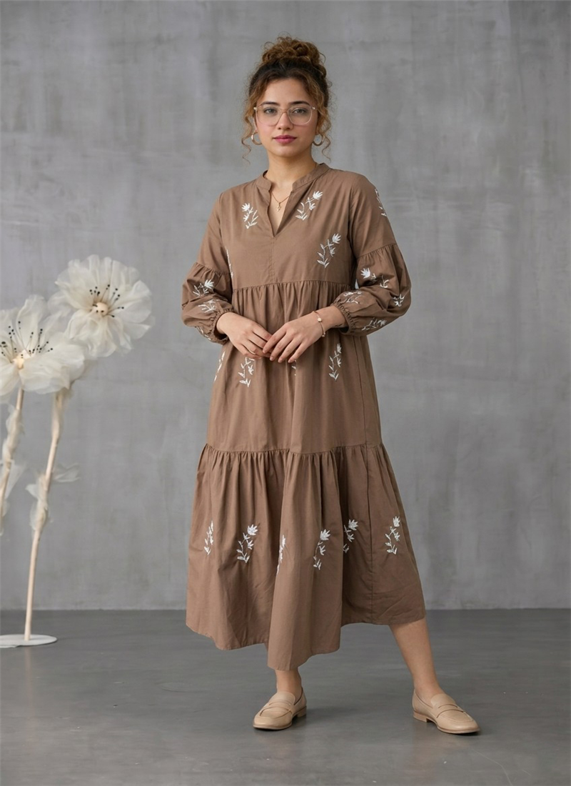 Earth Brown Muslin Tiered Midi Dress With Embroide After Six Wear