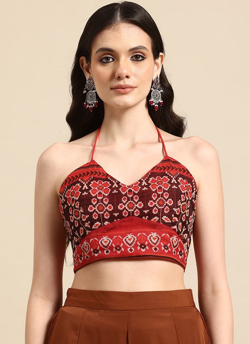 Earthy Brown Chanderi Ikat Printed Blouse After Six Wear