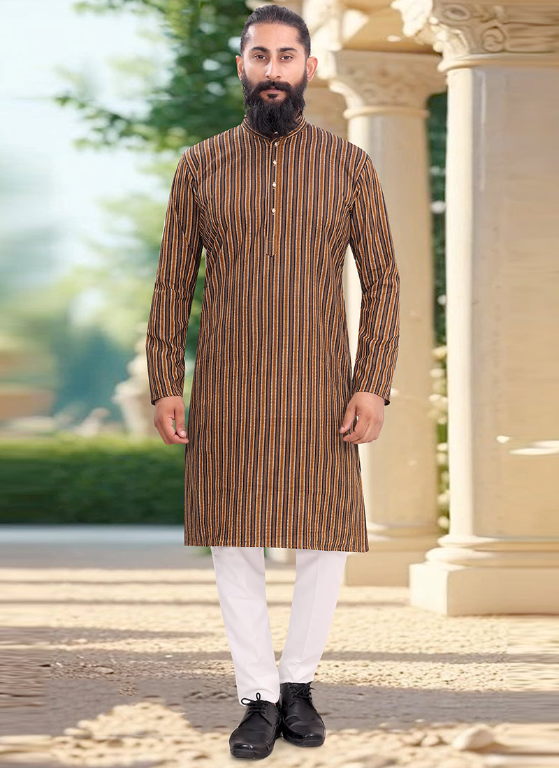 Earthy Brown Cotton Printed Kurta Pyjama Festive Wear
