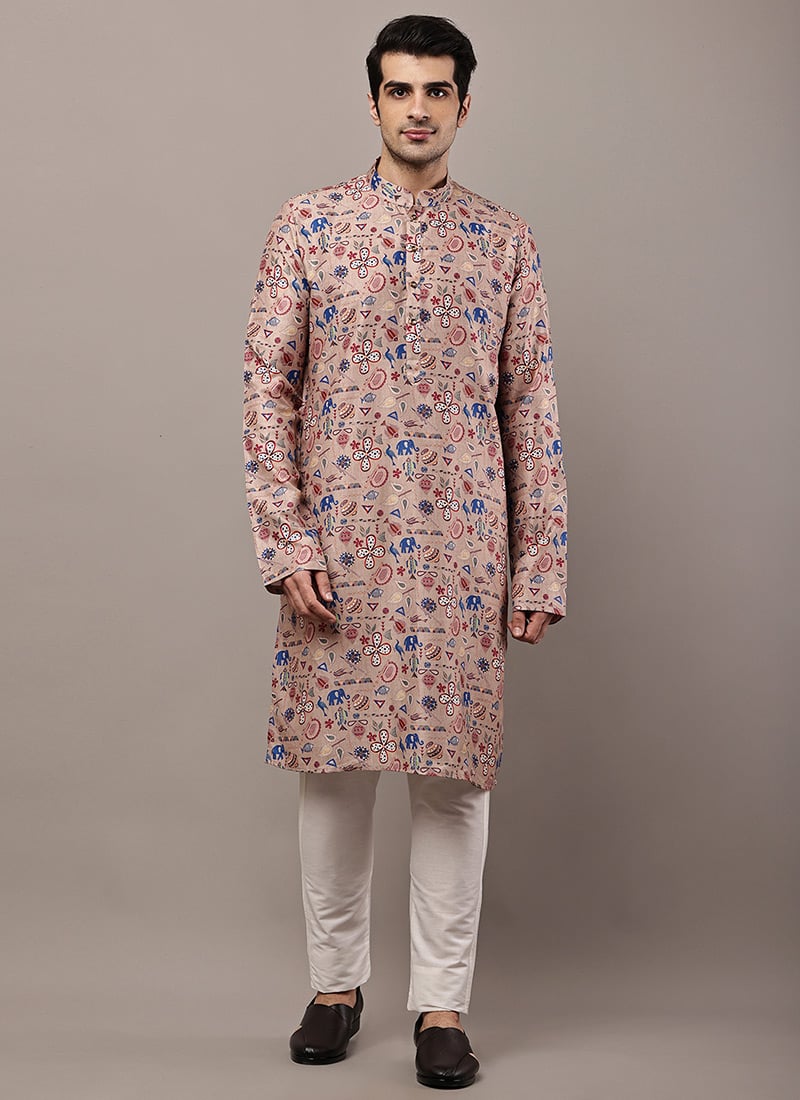 Earthy Brown Viscose Silk Printed Kurta Pyjama Festive Wear