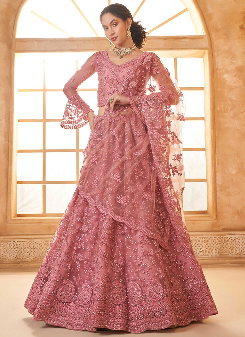 Effortlessly Stunning Pink Net Embroidered Stone Work Lehenga Wedding Wear