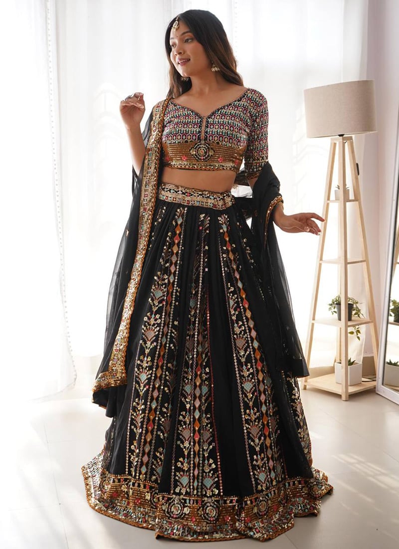 Elegance Black Faux Georgette Embroidered Sequins Lehenga Wedding Wear