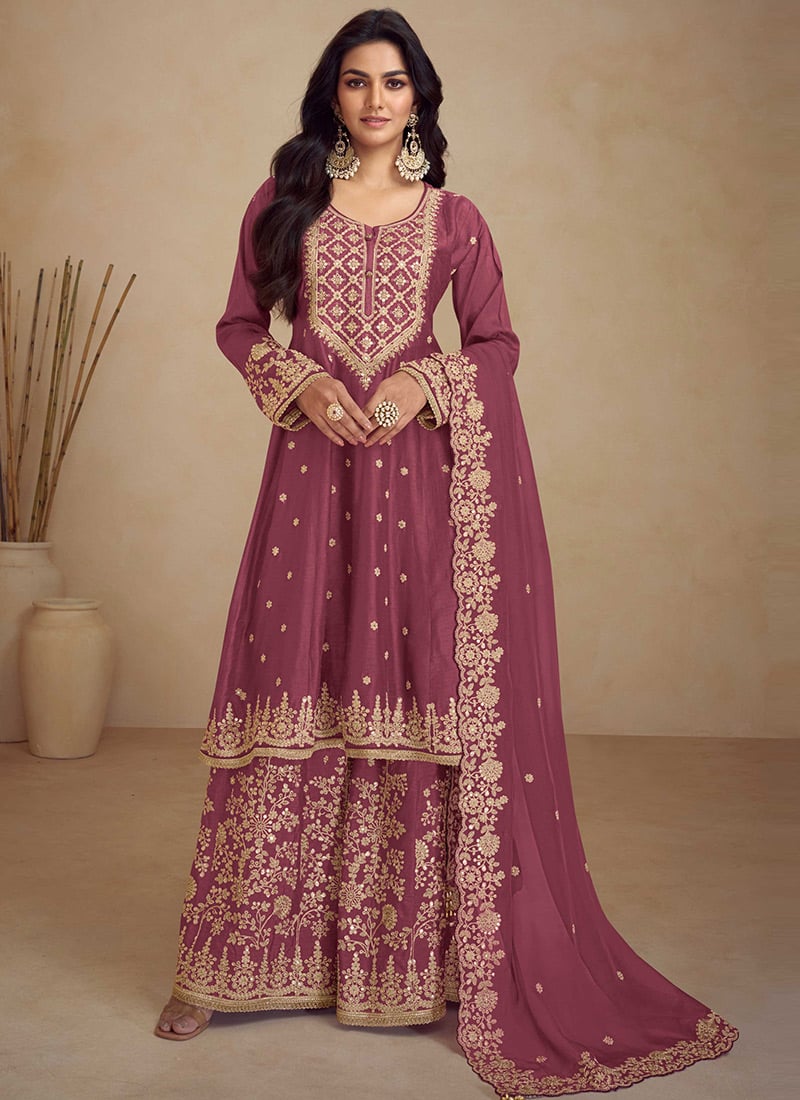 Elegance Dark Mauve Chinon Embroidered Sequins Palazzo Suit Festive Wear