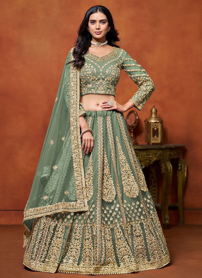 Elegance Green Net Embroidered Sequins Lehenga Wedding Wear