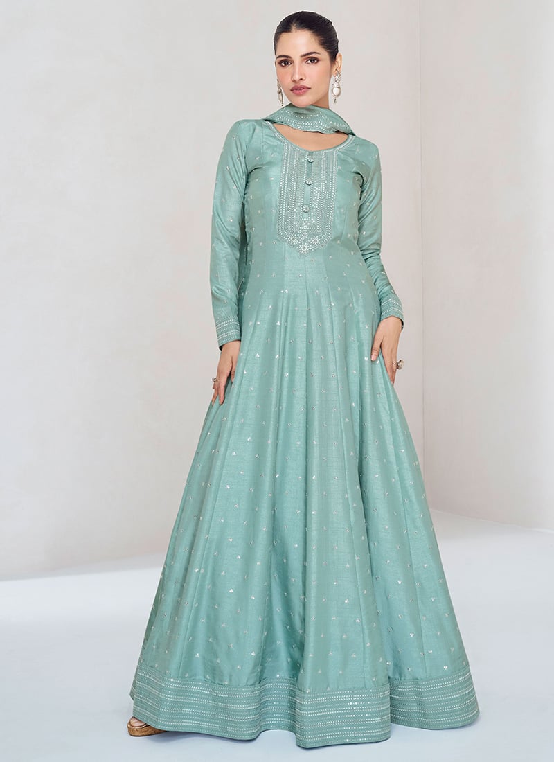 Elegance In Blue Silk Embroidered Sequins Anarkali Suit Festive Wear