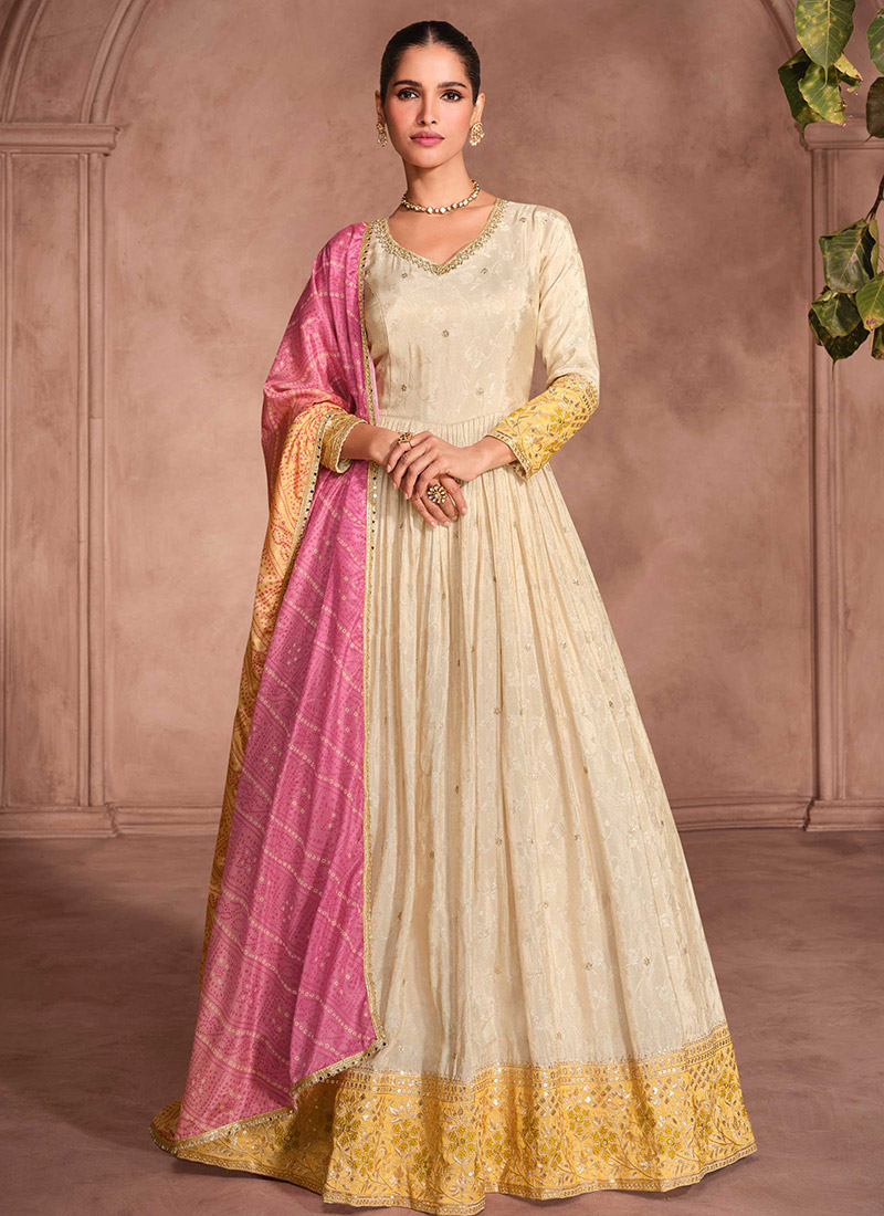 Elegance In Cream Jacquard Silk Embroidered Sequins Abaya Style Anarkali Suit Festive Wear