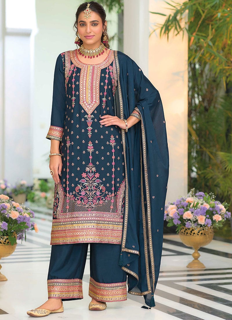 Elegance In Teal Blue Chinon Embroidered Sequins Pakistani Palazzo Suit Festive Wear