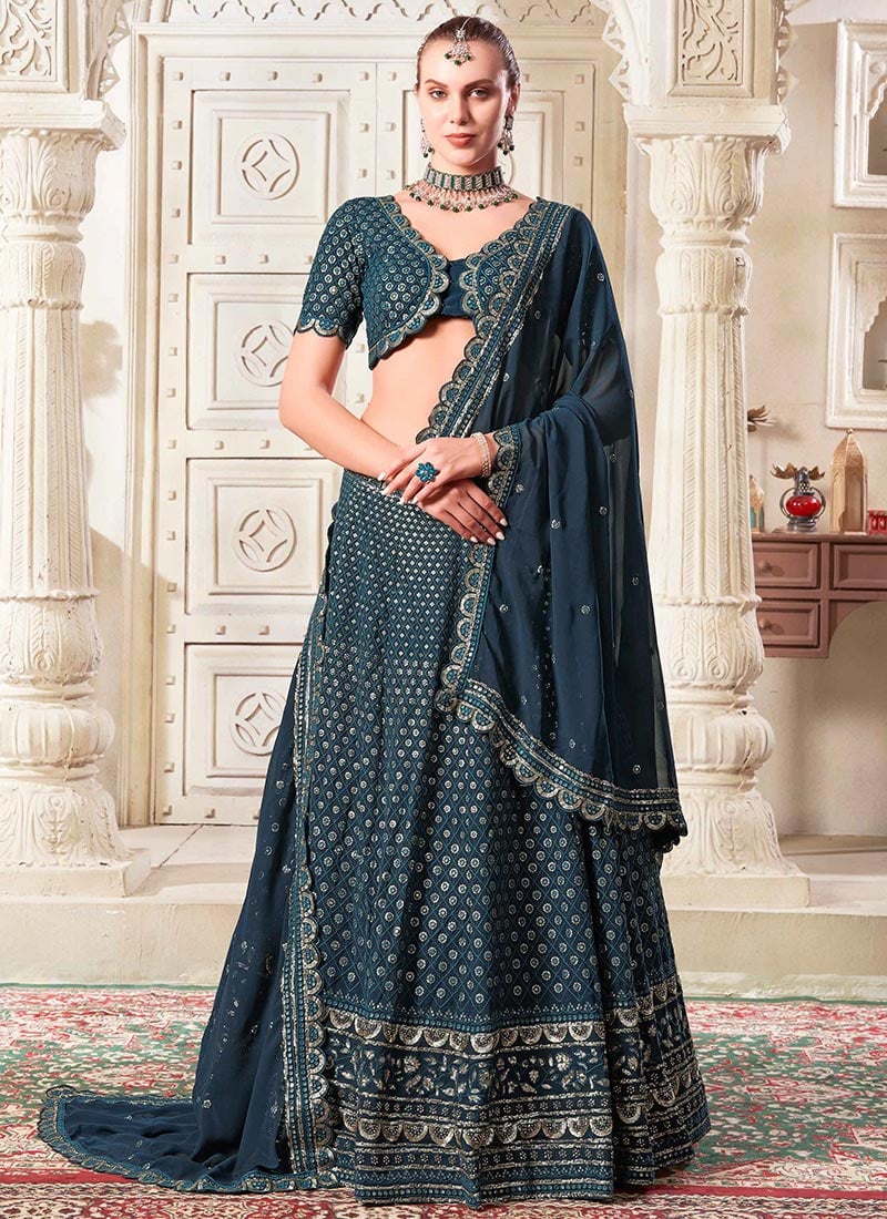 Elegance In Teal Blue Georgette Embroidered Sequins Lehenga Wedding Wear