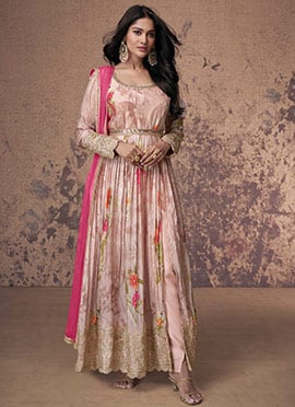 Elegance Light Pink Georgette Printed Embroidered Sequins Anarkali Suit