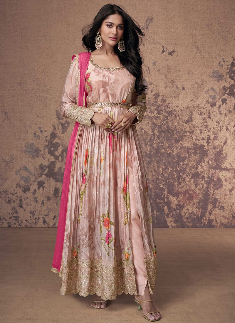 Elegance Light Pink Georgette Printed Embroidered Sequins Anarkali Suit Festive Wear