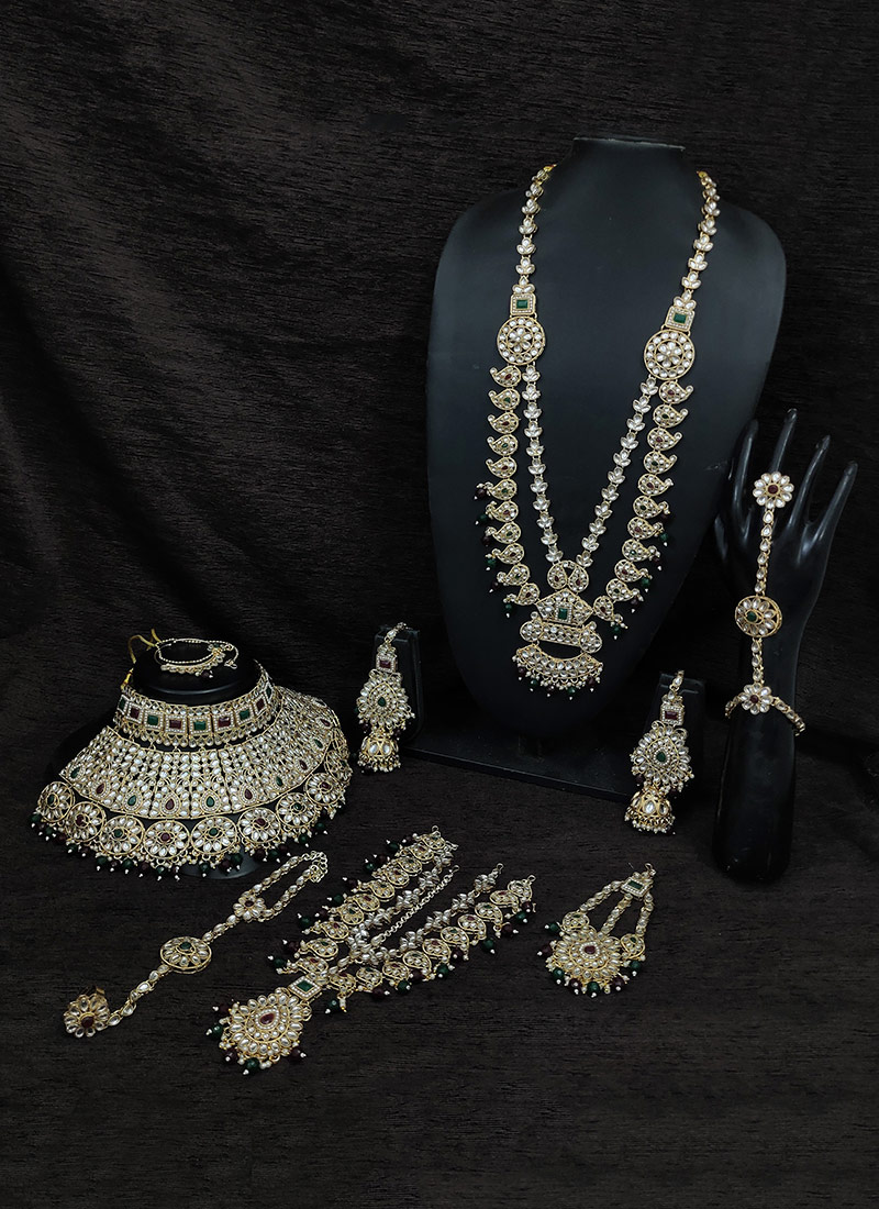 Elegance Multicolored Gold Plated Kundan And Beads Embossed Set For Brides Wedding Wear-JYSRK195539