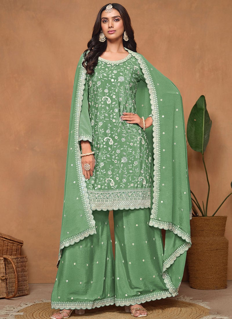 Elegance Pista Green Chinon Embroidered Sequins Palazzo Suit Festive Wear