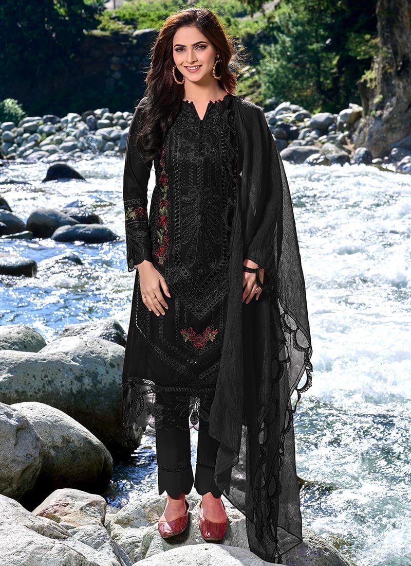 Elegance Redefined In Black Cotton Embroidered Straight Pant Suit