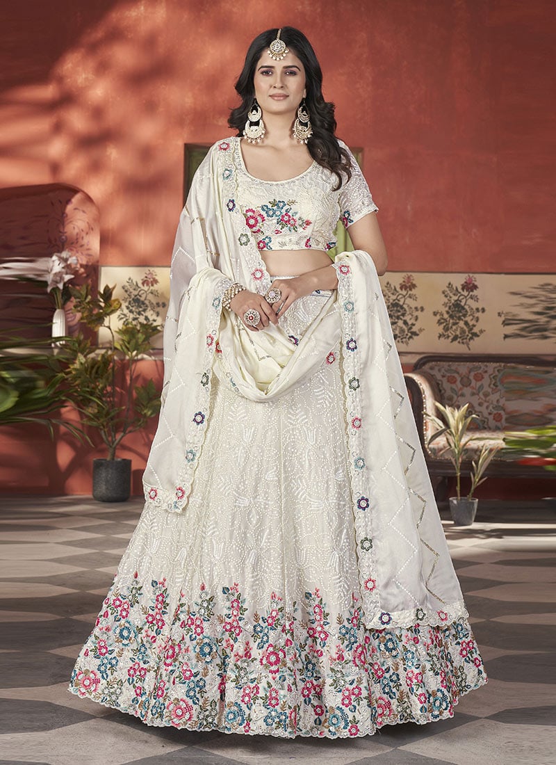 Elegance Redefined In Off White Chinon Lehenga With Sequins And Embroidery