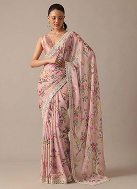 Elegance Redefined In Peach Georgette Floral Digital Print Embroidered Saree