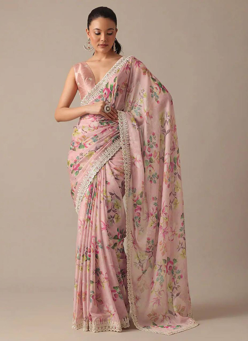 Elegance Redefined In Peach Georgette Floral Digital Print Embroidered Saree After Six Wear