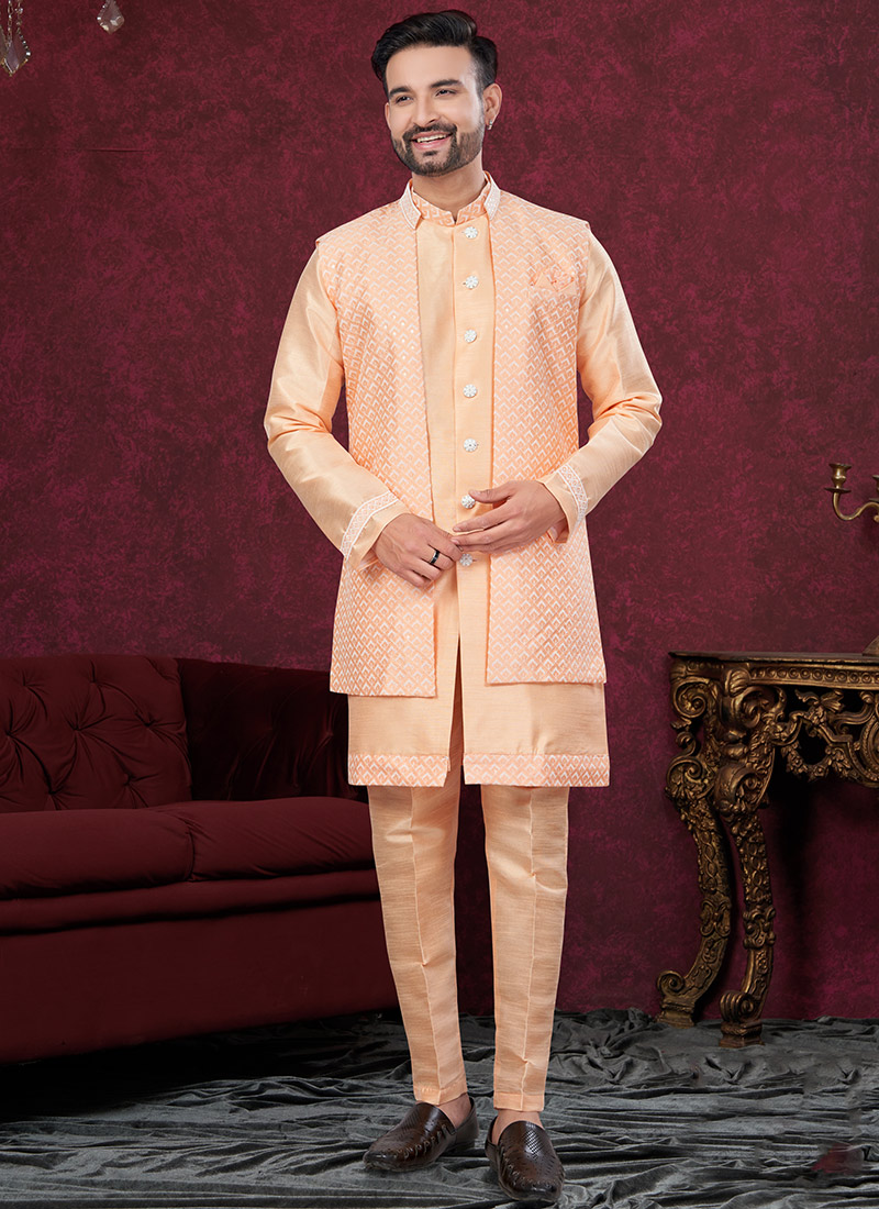 Elegance Redefined Peach Silk Embroidered Indowestern Sherwani Wedding Wear