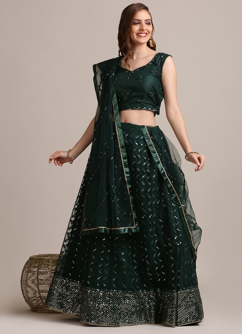 Elegant A Line Lehenga In Dark Green Net Embroidered Sequins Party Wear