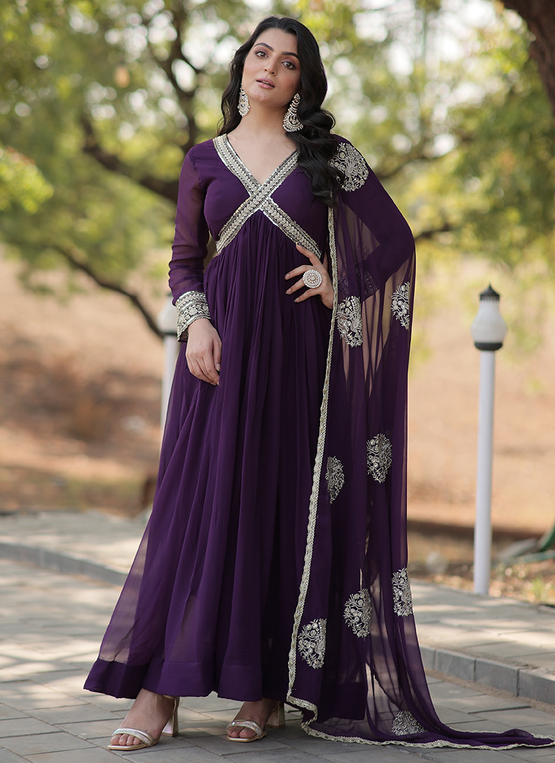 Elegant Anarkali Gown In Purple Georgette Embroidered Sequins With Dupatta Party Wear