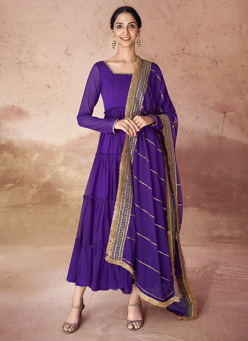 Elegant Anarkali Gown In Violet Georgette With Embroidered Dupatta Party Wear