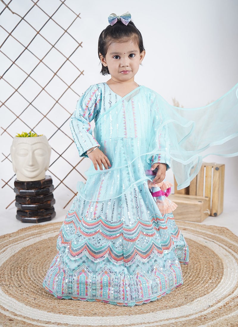 Kids Girls Elegant Sky Blue Net Embroidered Sequins Kids Girls Long Gown With Dupatta Party Wear