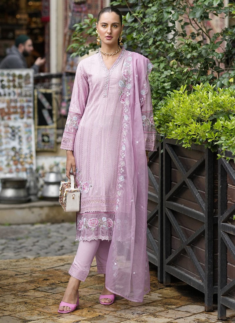 Elegant Aura In Lilac Cotton Embroidered Sequins Straight Pant Suit