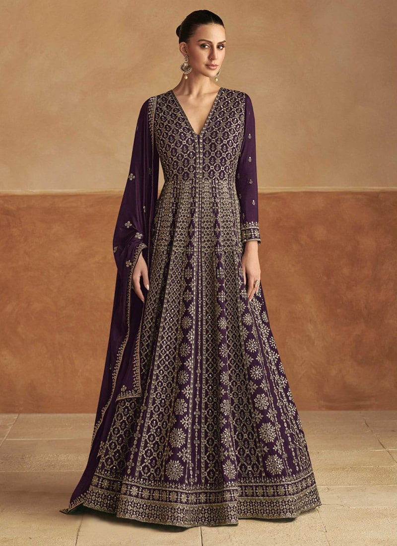Elegant Aura In Purple Chinon Embroidered Sequins A Line Anarkali Suit Wedding Wear