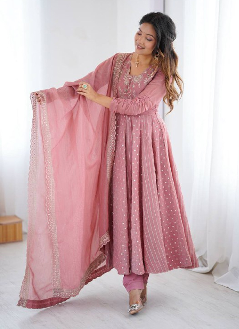 Elegant Baby Pink Crunchy Silk Embroidered Sequins Anarkali Suit Festive Wear