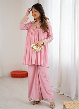 Elegant Baby Pink Heavy Chinon Embroidery Sequence Work Kurta Palazzo Set
