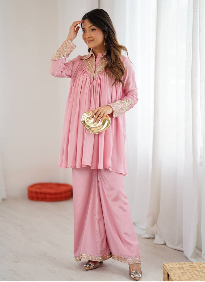 Elegant Baby Pink Heavy Chinon Embroidery Sequence Work Kurta Palazzo Set After Six Wear