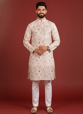Elegant Beige Cotton Printed Kurta Pyjama