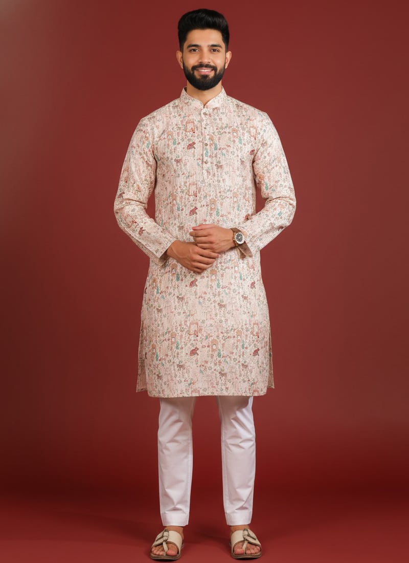 Elegant Beige Cotton Printed Kurta Pyjama Festive Wear