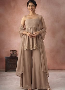 Elegant Beige Faux Georgette Beads Hand Embroidered Palazzo Suit