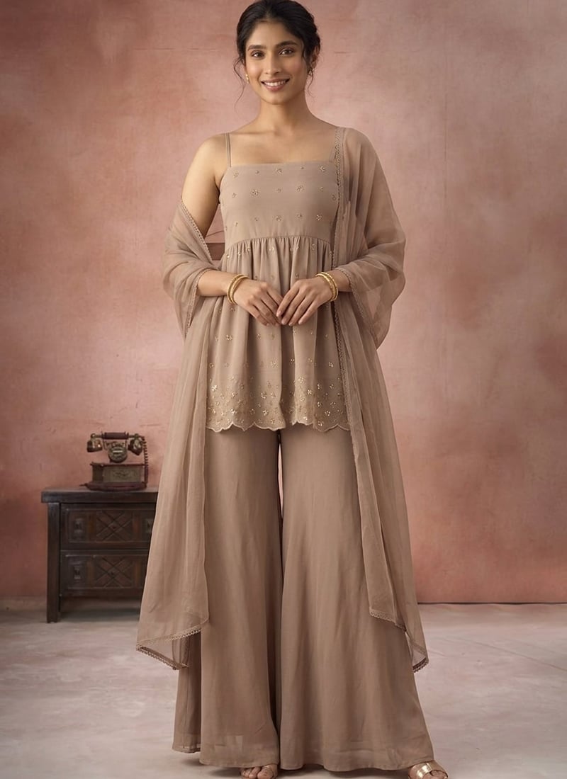 Elegant Beige Faux Georgette Beads Hand Embroidered Palazzo Suit Festive Wear